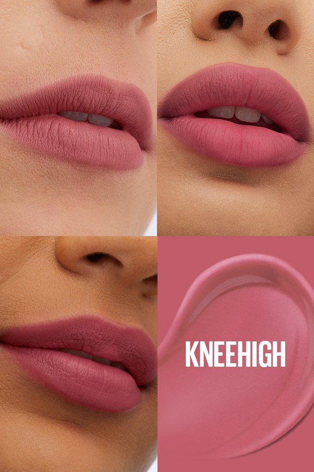 Collage showing how the Maybelline Teddy Lip Tint in shade Kneehigh looks on various skin tones for a true-to-life color example - Khayest