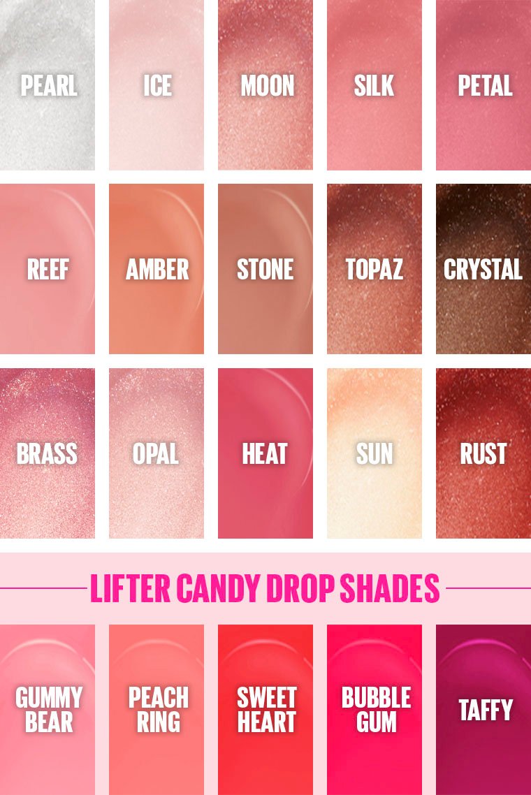 Color chart of all Maybelline Lifter Gloss shades including neutrals and candy drop collection