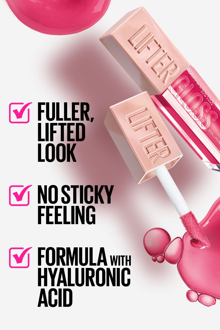 Maybelline Lifter Gloss benefits: fuller lifted look, no sticky feeling, and hyaluronic acid formula