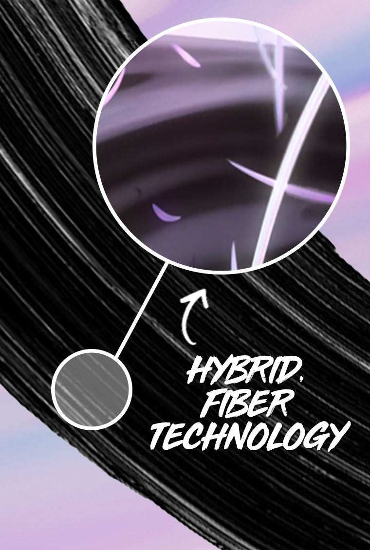 A microscopic view of the hybrid-fiber technology within the Maybelline Mascara formula which adds visible length to lashes.