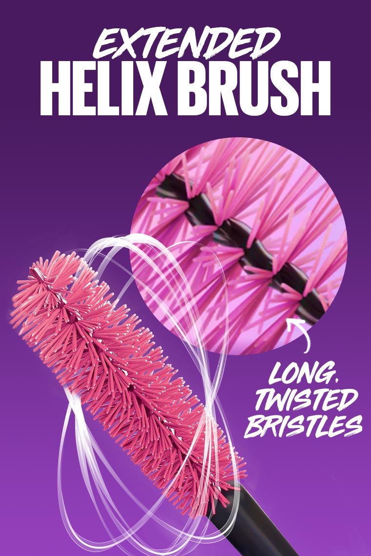 The unique extended helix brush of the Maybelline Mascara, showing its long, twisted bristles designed to coat every lash.