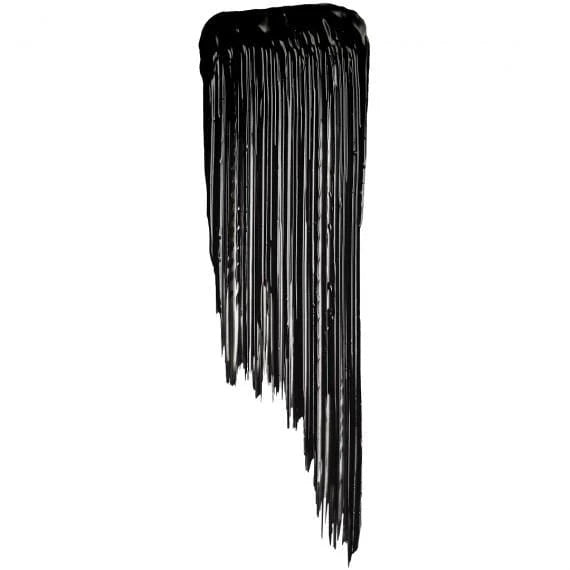 A thick swatch of black Maybelline Mascara, showing the rich pigment and formula of the Falsies Lash Lift.