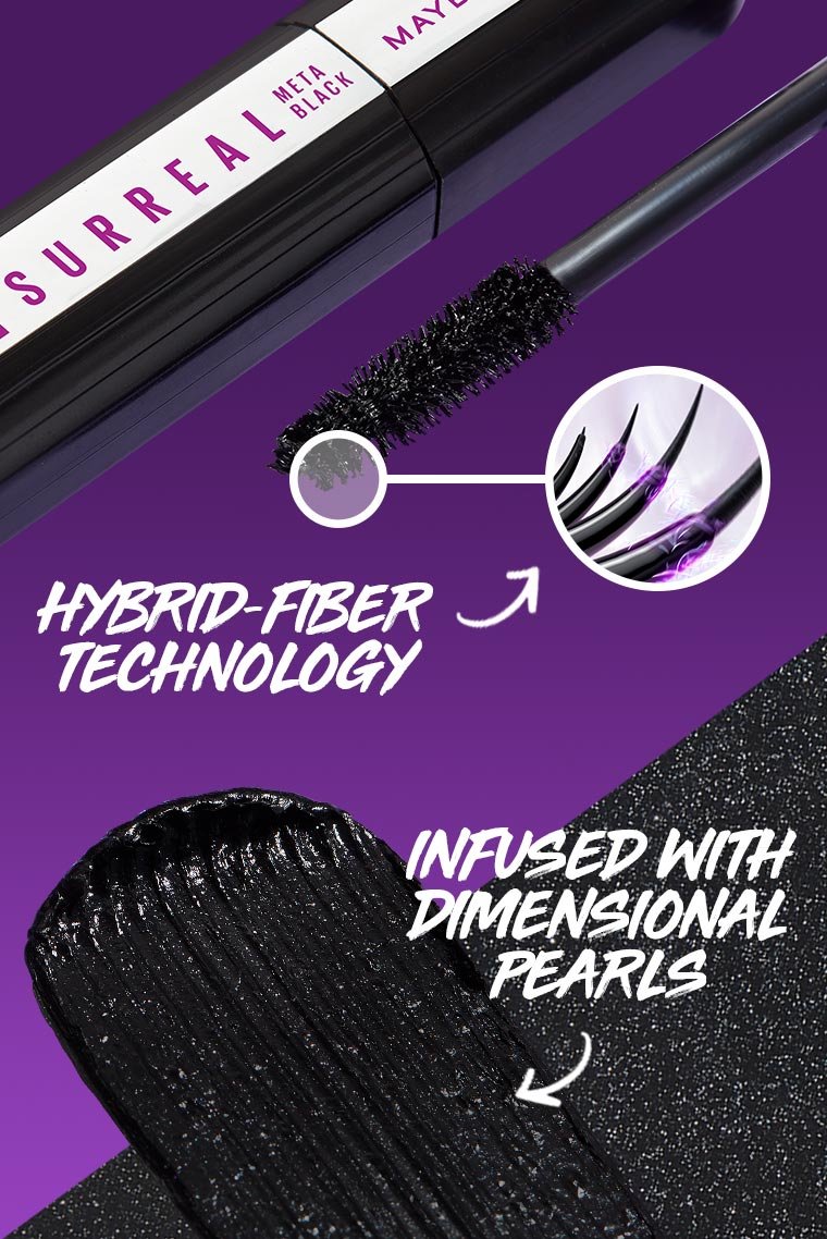 Graphic showing the benefits of Maybelline Mascara, including its hybrid-fiber technology and formula infused with dimensional pearls.