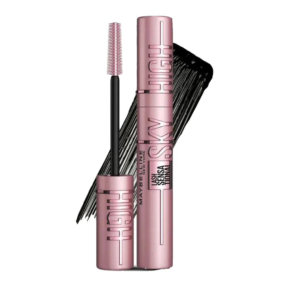 Maybelline Sky High Mascara in metallic pink packaging with flexible brush applicator for lengthening lashes.
