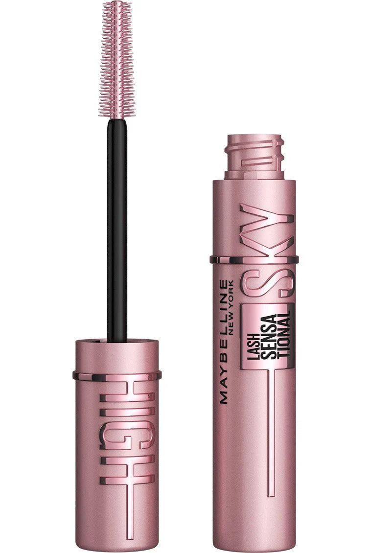 Open Maybelline Sky High Mascara showing pink tube and precision flex tower brush for volumizing lashes.