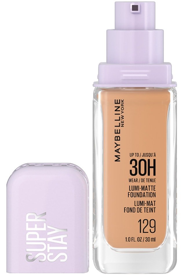 The product bottle of Maybelline Foundation Super Stay Lumi-Matte in shade 129 with its light purple cap removed.