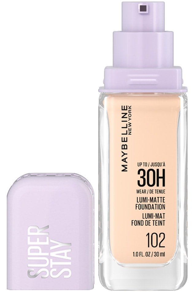 Bottle of Maybelline Foundation - Super Stay Lumi-Matte in shade 102 with the cap off.