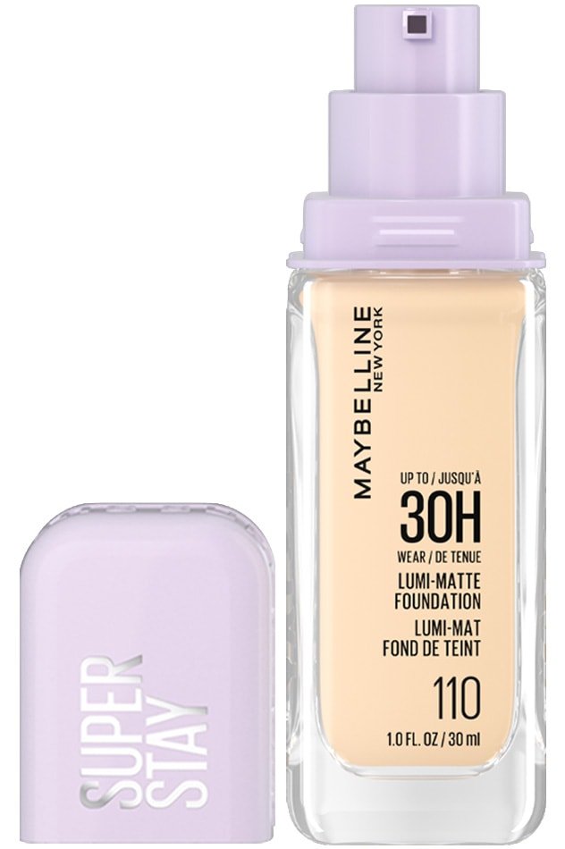 Bottle of Maybelline Foundation - Super Stay Lumi-Matte in shade 110 with the cap off.
