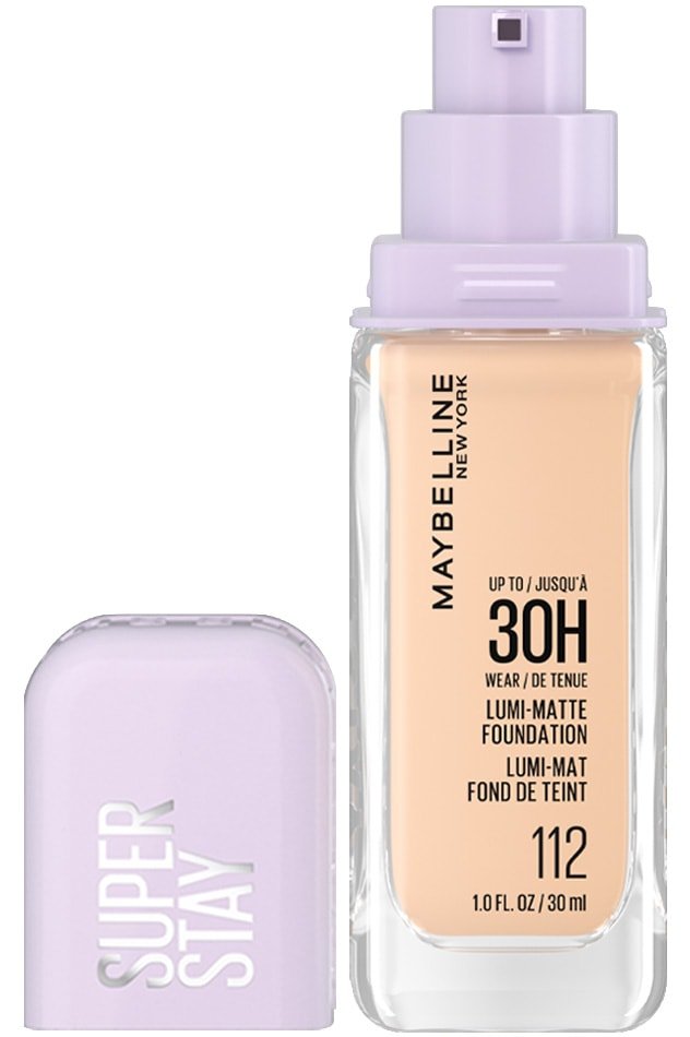 Bottle of Maybelline Foundation - Super Stay Lumi-Matte in shade 112 with the cap off.