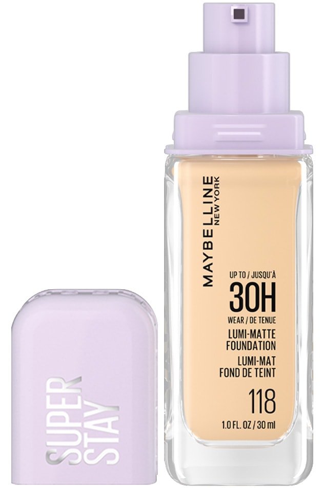 Bottle of Maybelline Foundation - Super Stay Lumi-Matte in shade 118 with the cap off.