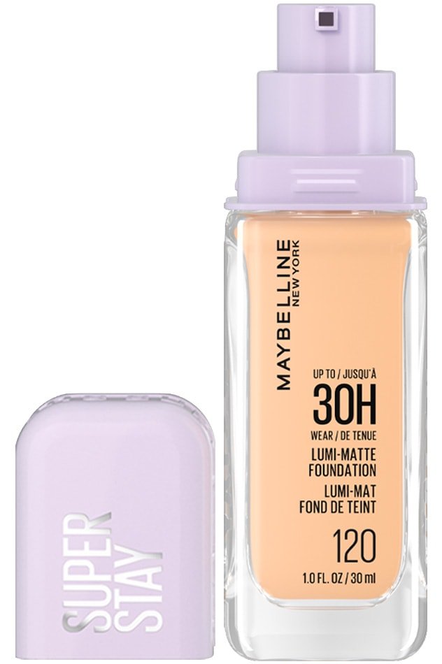 Bottle of Maybelline Foundation - Super Stay Lumi-Matte in shade 120 with the cap off.