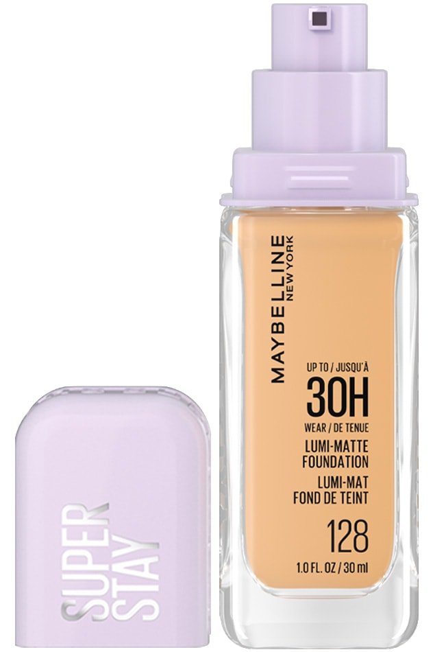 Bottle of Maybelline Foundation - Super Stay Lumi-Matte in shade 128 with the cap off.