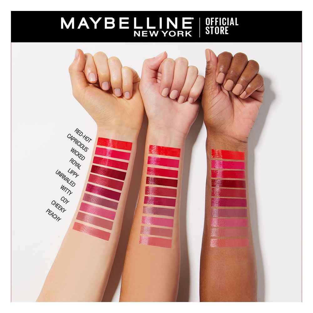 Arm swatches of multiple shades of Maybelline Superstay Vinyl Ink lipstick on three different skin tones.