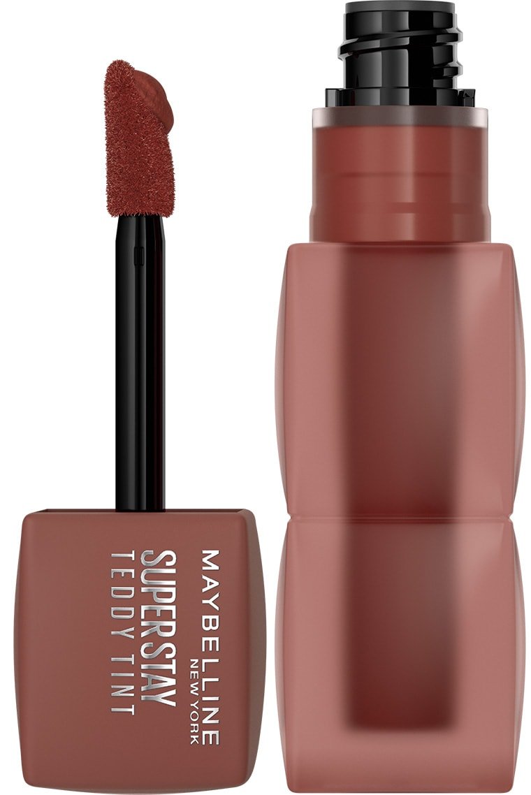 Maybelline Super Stay Teddy Lip Tint in the shade Mascara Tear, showing the product bottle and applicator wand.