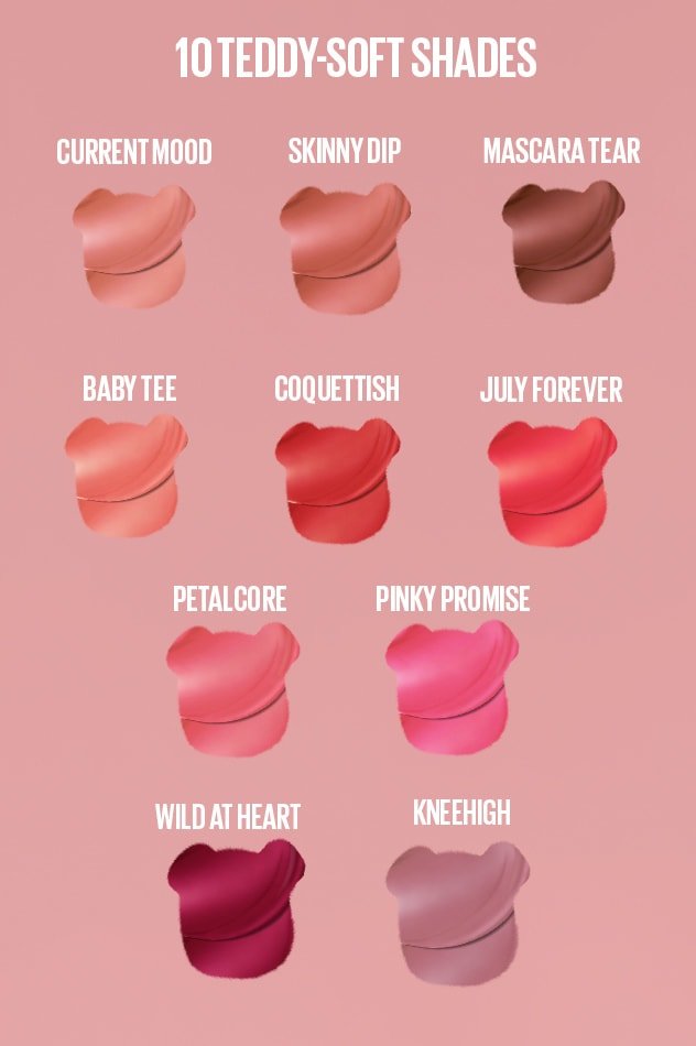 A chart displaying the 10 teddy-soft shades of the Maybelline Super Stay Lip Tint collection available in Pakistan - Khayest