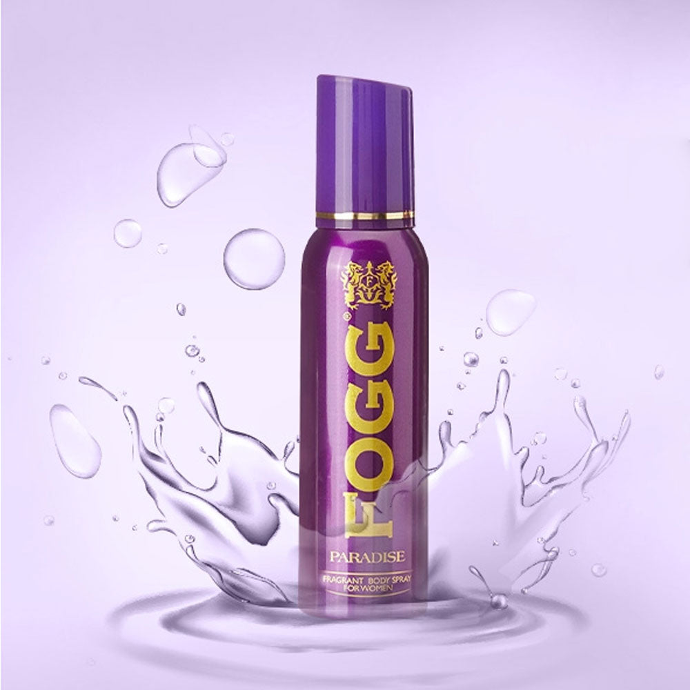 Purple Fogg body spray bottle on a light purple background with water droplets.