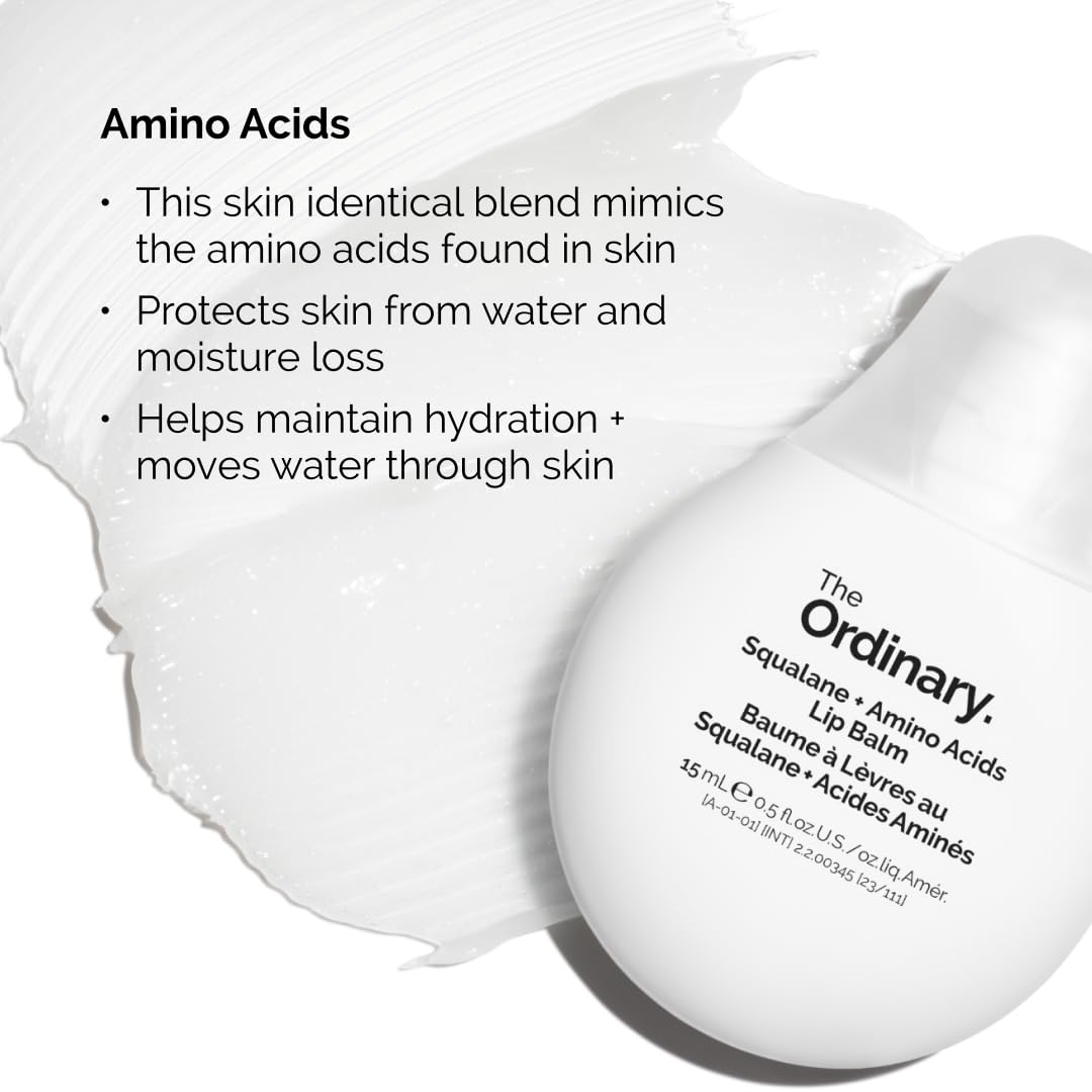 The Ordinary Squalane + Amino Acids Hydrating Lip Balm bottle on white background
