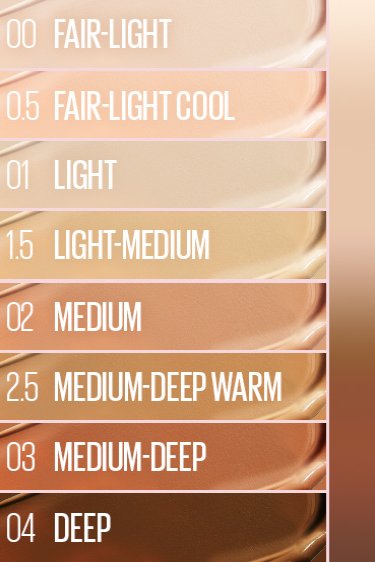 Shade range chart for Maybelline Instant Age Rewind Perfector 4-in-1 Glow foundation, from Fair-Light to Deep.