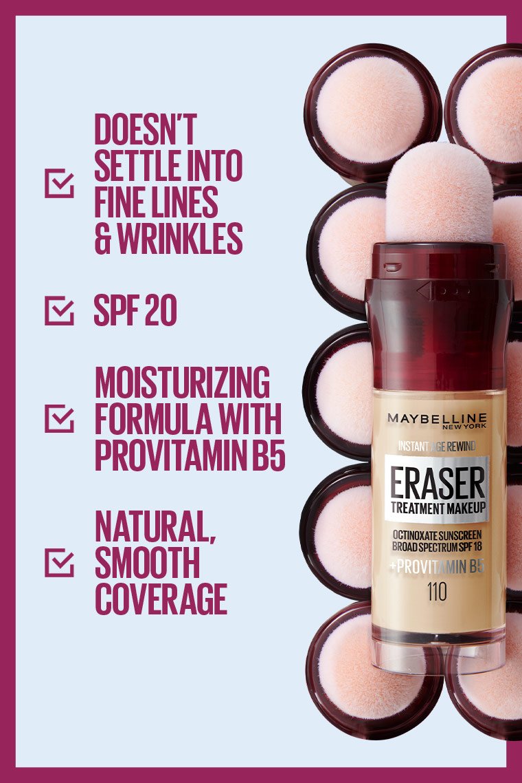 A checklist showing the benefits of Maybelline Foundation, including SPF 20, moisturizing formula, and smooth coverage
