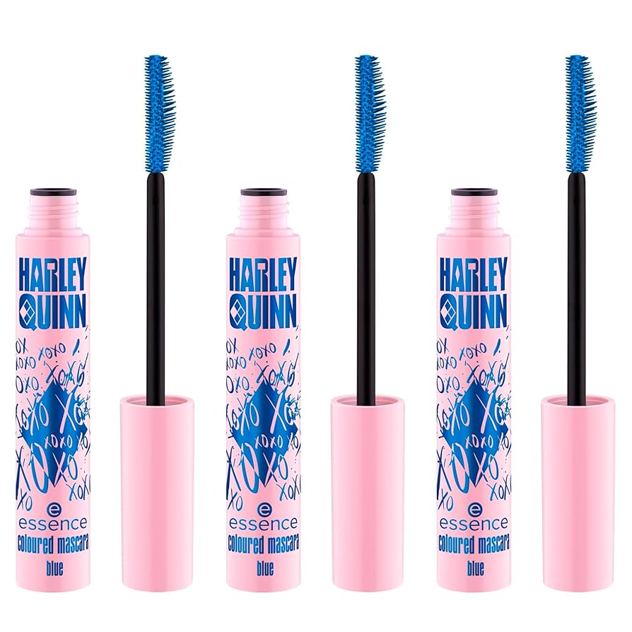 Three bottles of essence Harley Quinn mascara with pink tubes and blue wands on a white background.