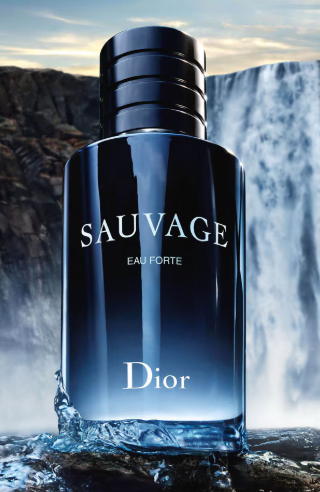 Dior Sauvage Eau Forte perfume bottle for men against dramatic waterfall backdrop showcasing fresh masculine fragrance
