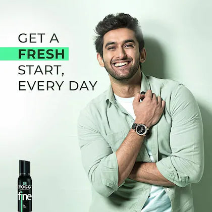 Man wearing a light green shirt with text 'Get a fresh start, every day' and a Fogg product on a white background.