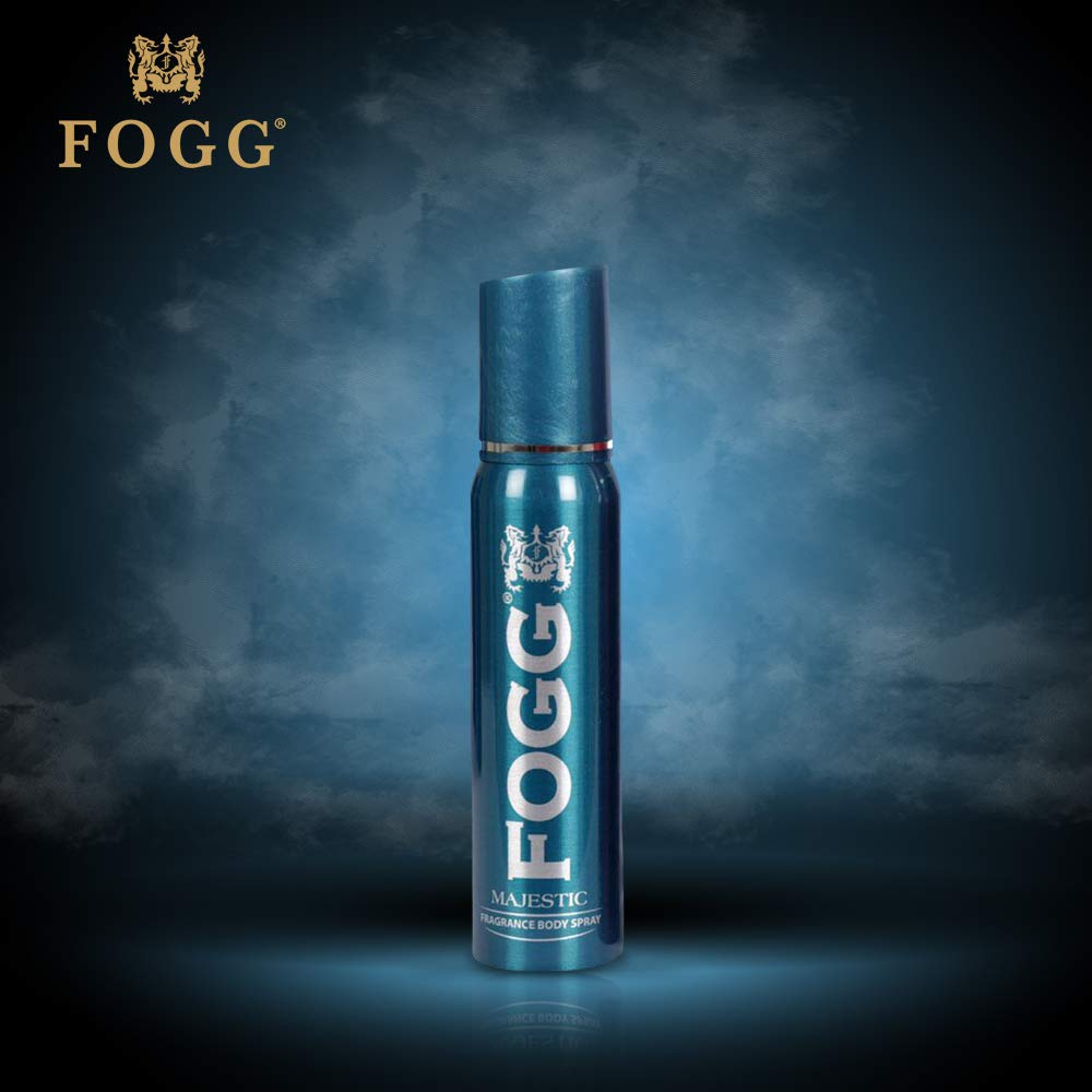 FOGG majestic body spray bottle on a dark background
