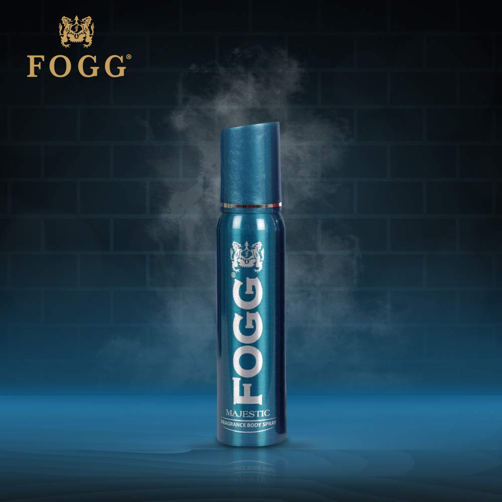FOGG majestic body spray bottle with smoke effect on a dark background
