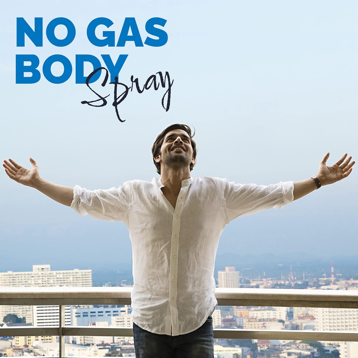 Person with arms outstretched on a balcony with 'No Gas Body Spray' text above