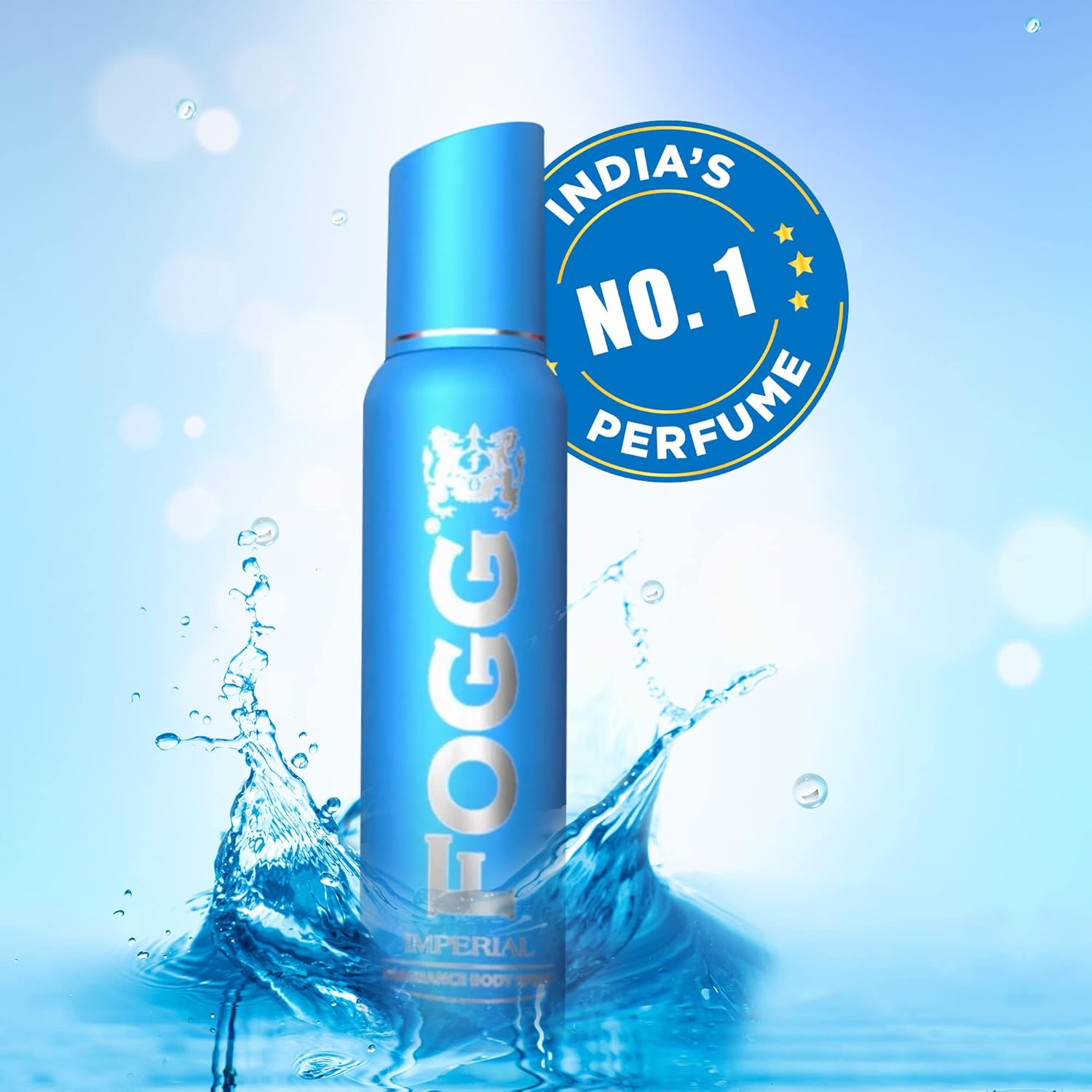 Blue Fogg perfume bottle with water splash on a light blue background, featuring 'India's No.1 Perfume' badge.