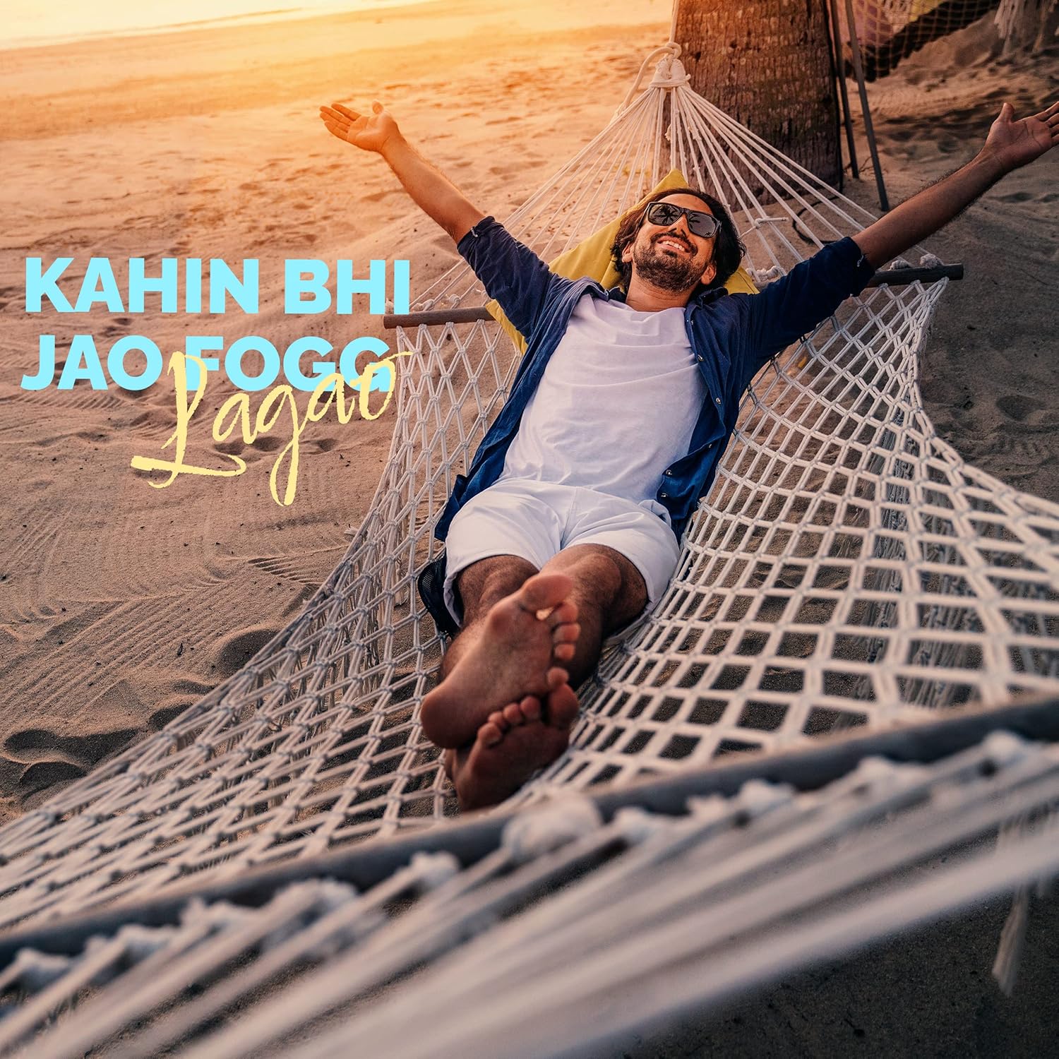 Person relaxing in a hammock on a beach with text overlay