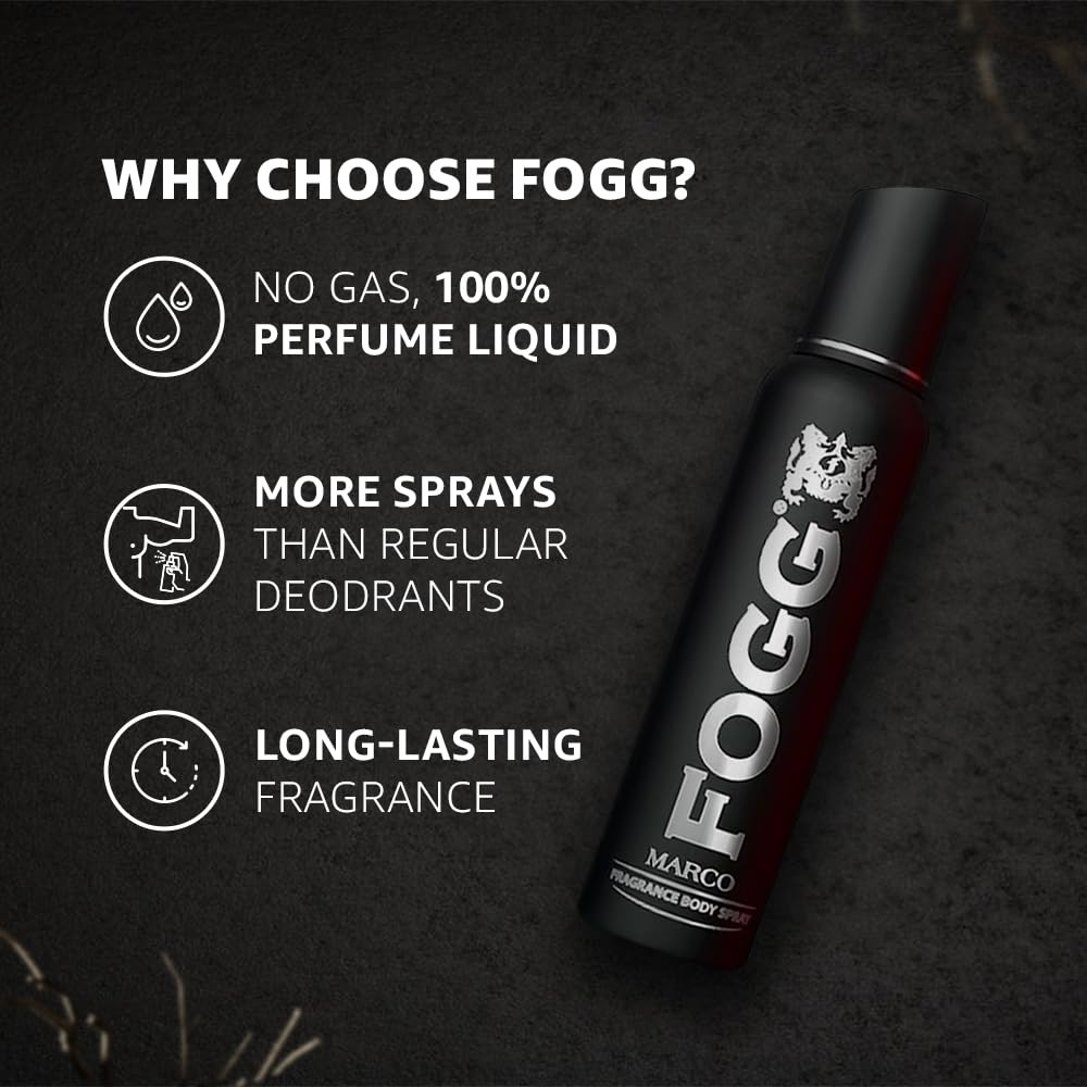 Fogg perfume liquid bottle with features on a dark background