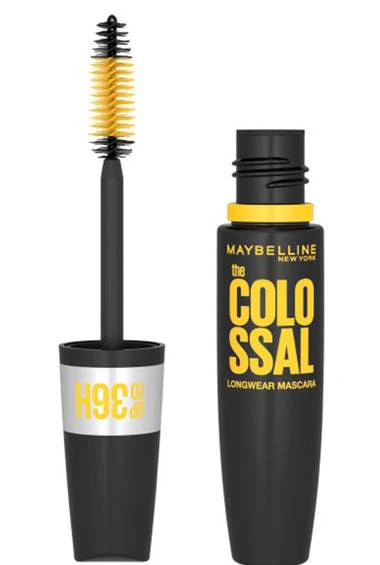 Maybelline Mascara Colossal 36H Longwear Waterproof mascara tube shown next to the open brush wand with yellow bristles.