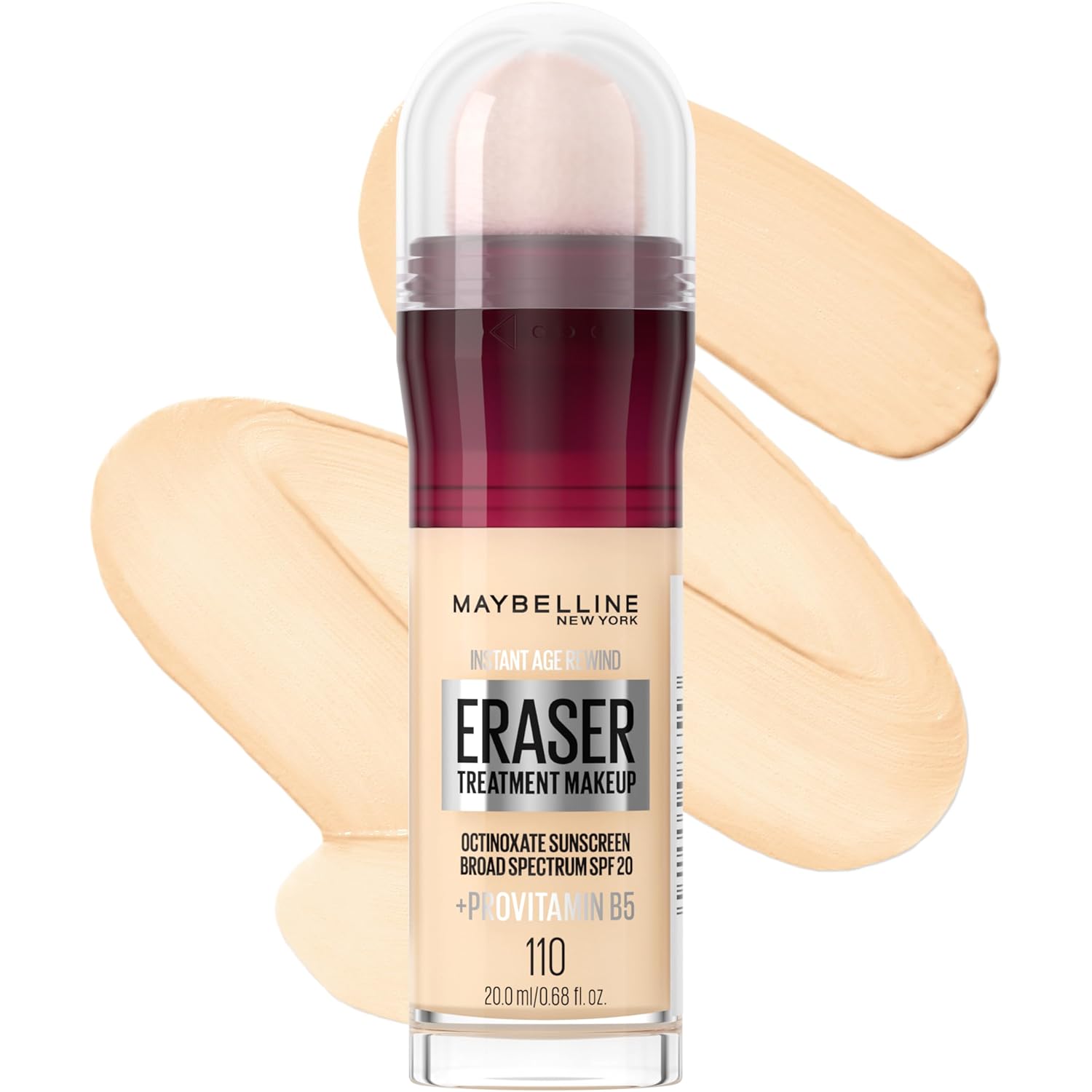Product bottle of Maybelline Foundation Instant Age Rewind in shade 110 Fair, shown next to a swatch.