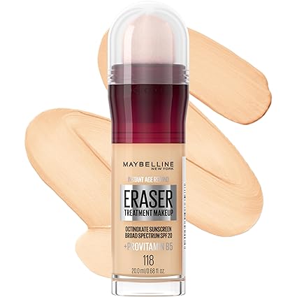 bottle and swatch of Maybelline Foundation Instant Age Rewind in shade 118 Light Beige.