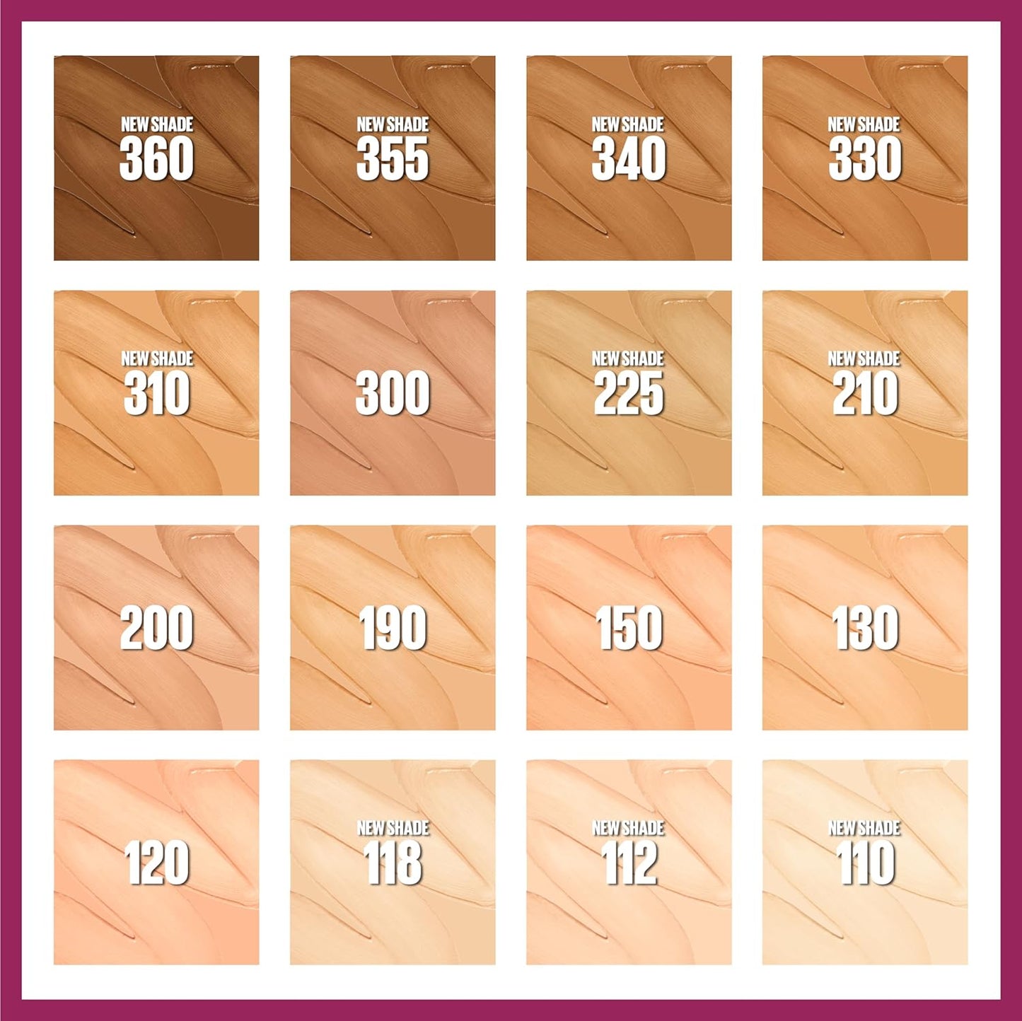 Shade chart for Maybelline Foundation Instant Age Rewind, showing all available shades from light to deep for Pakistani skin tones.