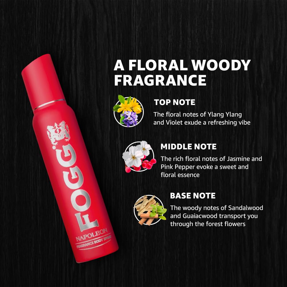 Red Fogg perfume bottle with fragrance description on a black background