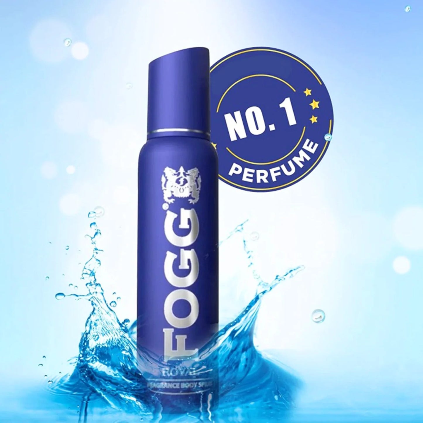 Blue Fogg perfume bottle with water splash on a light blue background