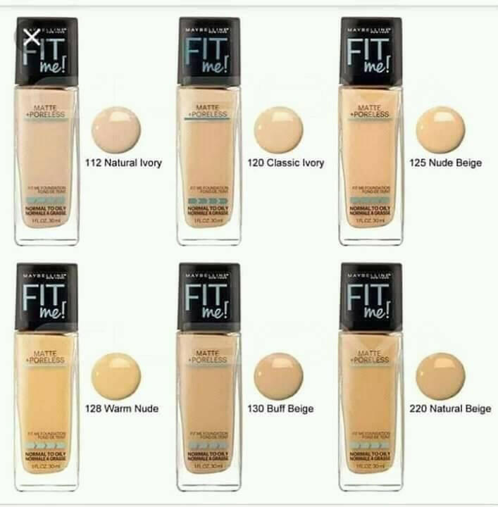 A swatch chart showing various shades of the Maybelline Foundation Fit Me line to help customers find their perfect match.