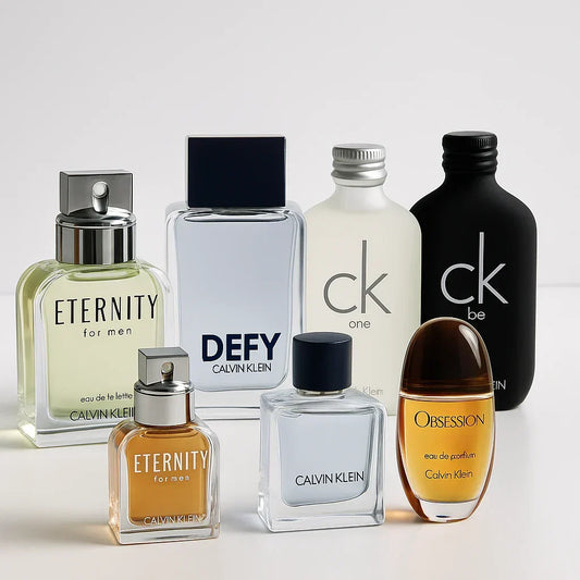 Calvin Klein perfume collection arranged on a bright white background