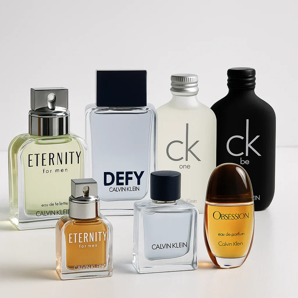 Calvin Klein perfume collection arranged on a bright white background