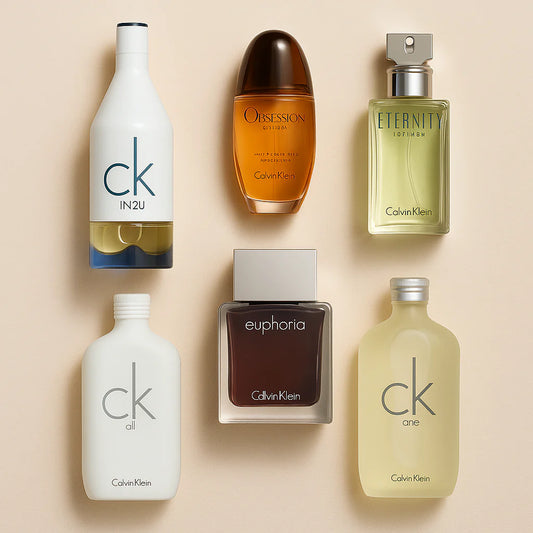 A curated flat-lay of popular Calvin Klein perfumes for men and women, including CK IN2U, Obsession, Eternity, CK All, Euphoria, and CK One