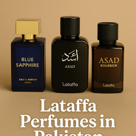 A digital photograph showcasing Lataffa perfumes — including Lataffa Asad, Khamrah, Asad Bourbon, and Blue Sapphire