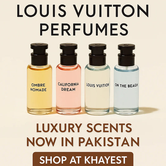 A promotional digital photograph showcasing louis vuitton perfumes ,ombre nomade,california dream,on the beach,at khayest