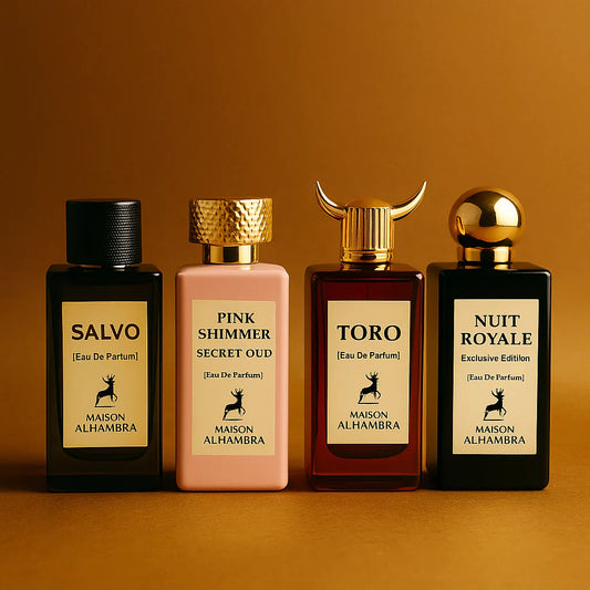 photograph displaying four Maison Alhambra perfumes luxurious and premium aesthetic for a perfume brand banner.