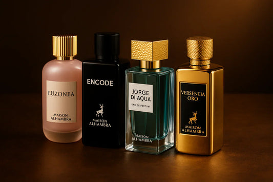 photograph displays four Maison Alhambra perfumes creating a luxurious and captivating brand aesthetic. 