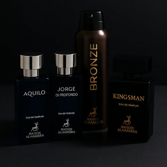 luxury photograph showcasing four Maison Alhambra perfumes