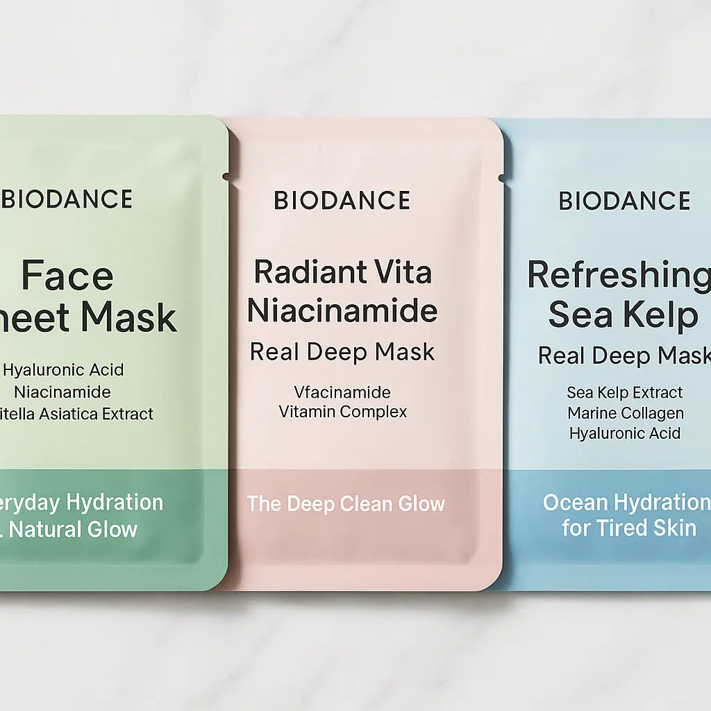 Biodance Face Mask Collection featuring hydration, niacinamide, and sea kelp masks.