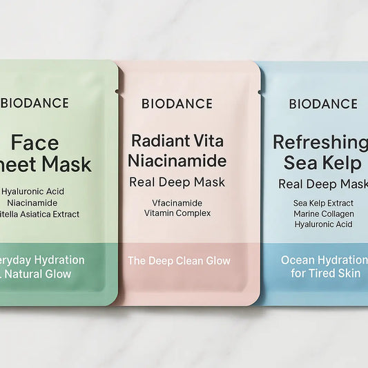 Biodance Face Mask Collection featuring hydration, niacinamide, and sea kelp masks.