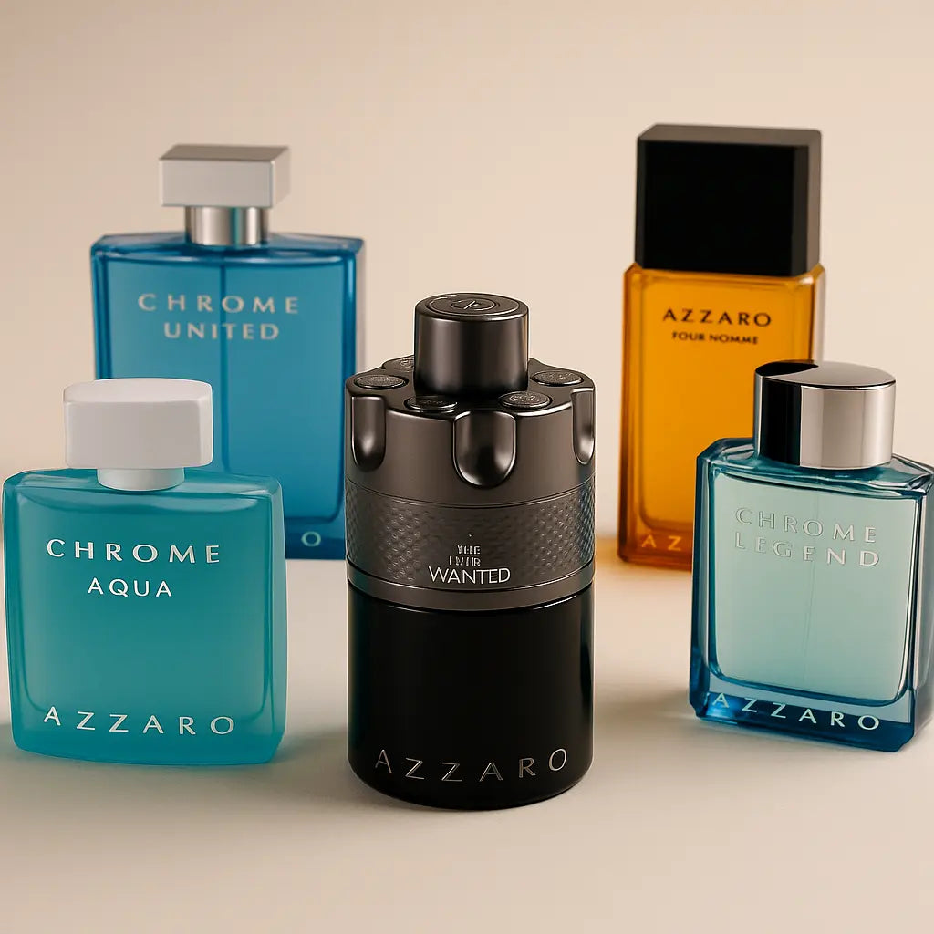 A curated display of five Azzaro men's fragrances—including The Most Wanted, Chrome Aqua, Chrome Legend, Chrome United, and Pour Homme—arranged on a beige backdrop with soft studio lighting.